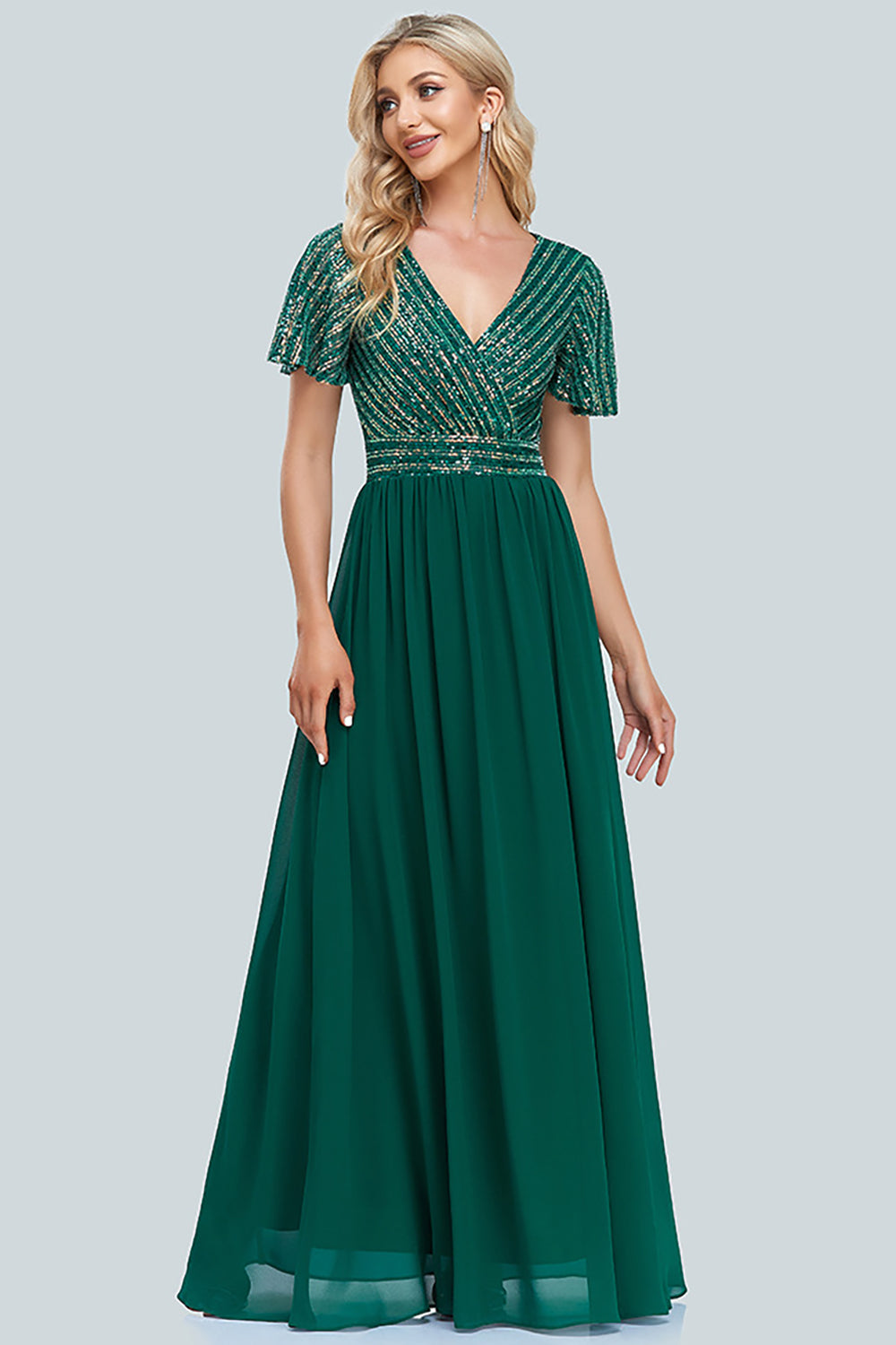 Women’s Green Plus Size A Line V Neck Evening Dress Sequined Chiffon Swing Dress