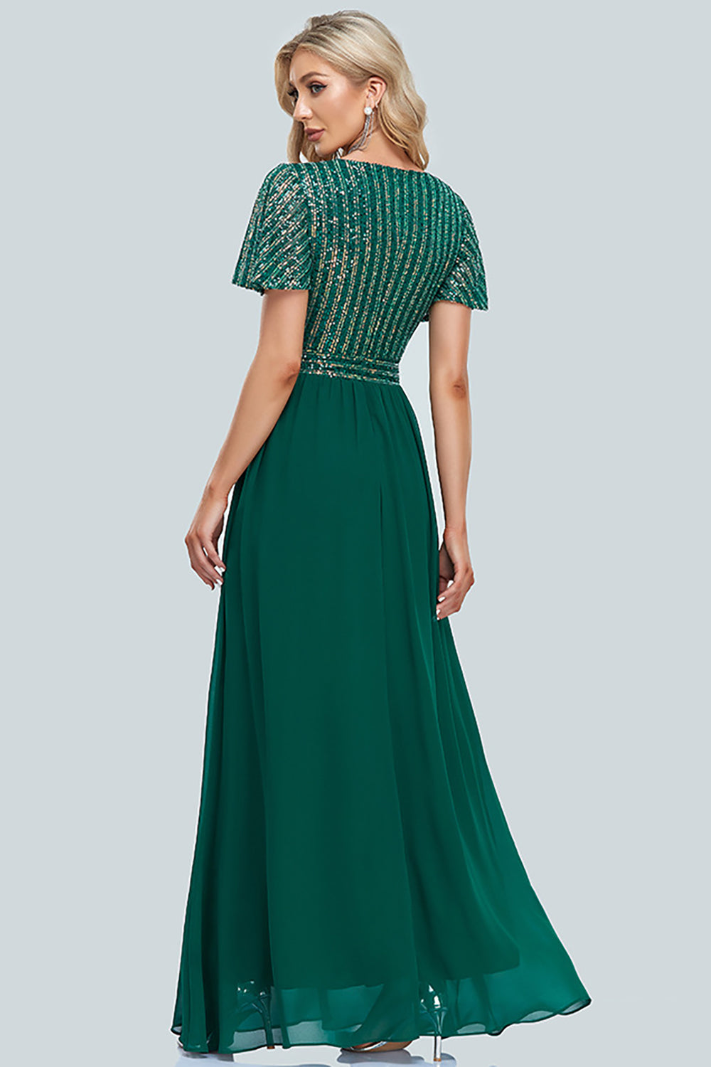 Women’s Green Plus Size A Line V Neck Evening Dress Sequined Chiffon Swing Dress