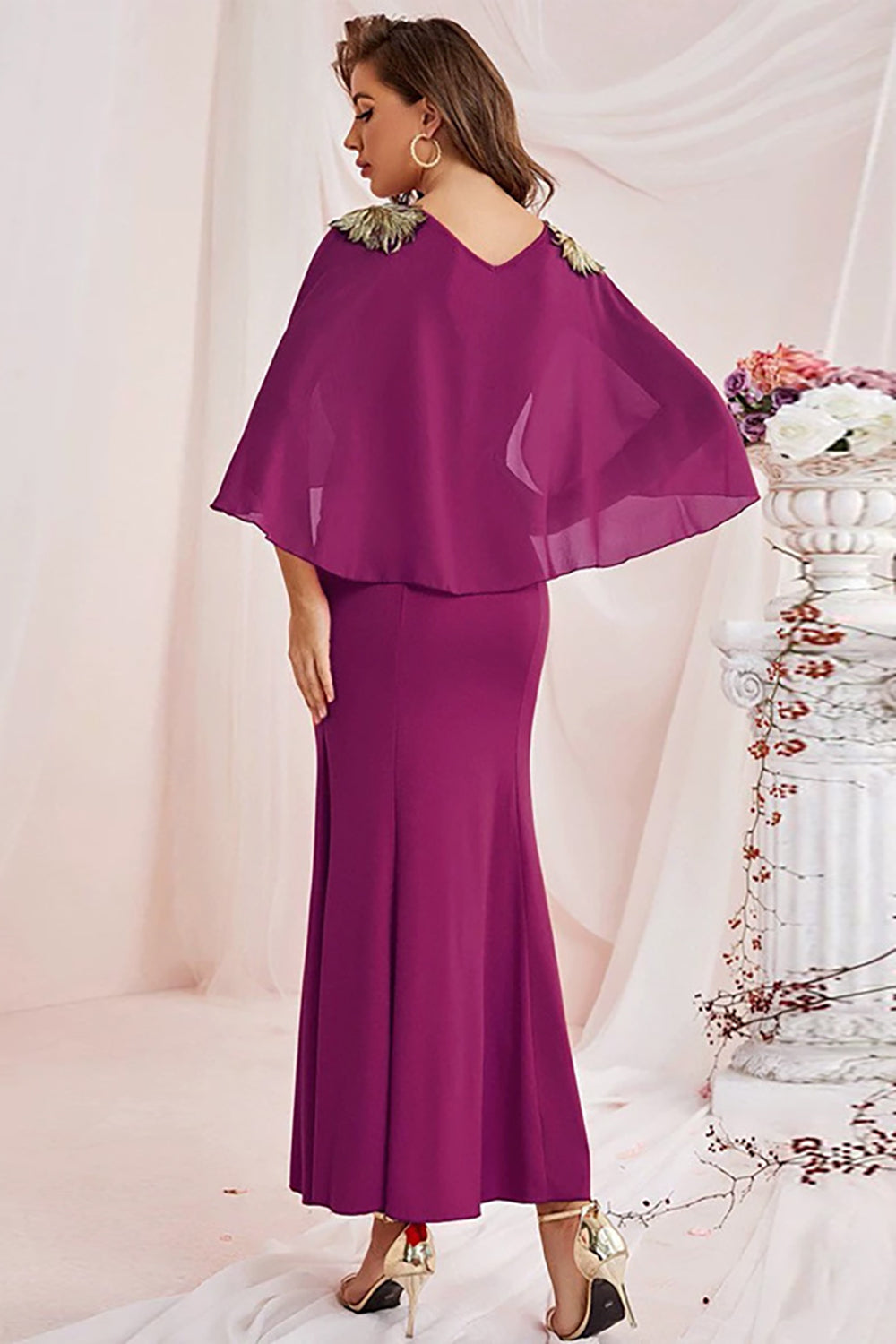 Purple Mermaid V Neck Chiffon Floor Length Dress with Wrap Sleeves