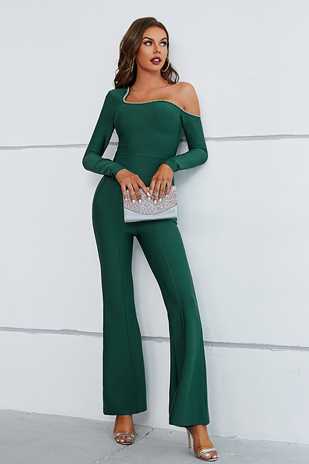 Dark Green One Shoulder Asymmetrical Jumpsuit with Long Sleeves