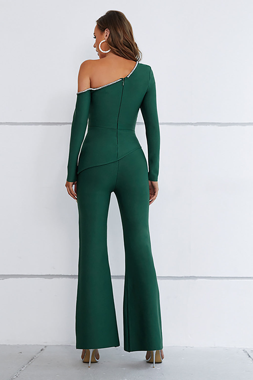 Dark Green One Shoulder Asymmetrical Jumpsuit with Long Sleeves