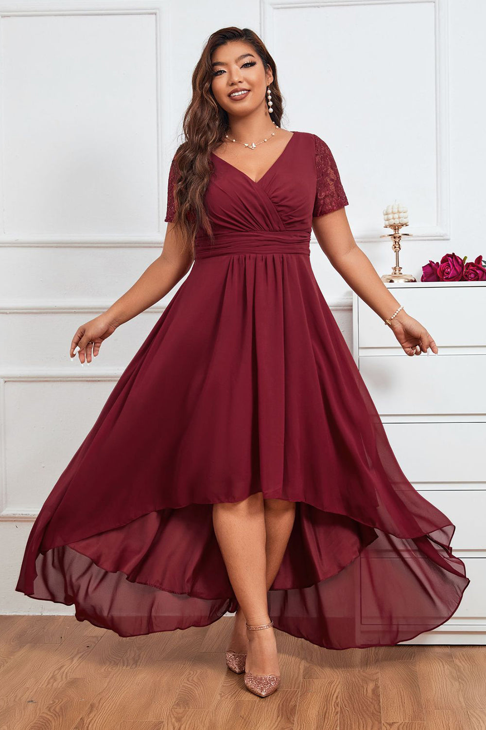 Burgundy A Line V Neck Asymmetrical Plus Size Evening Dress