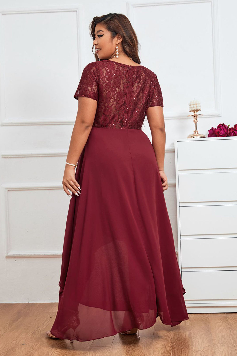 Burgundy A Line V Neck Asymmetrical Plus Size Evening Dress