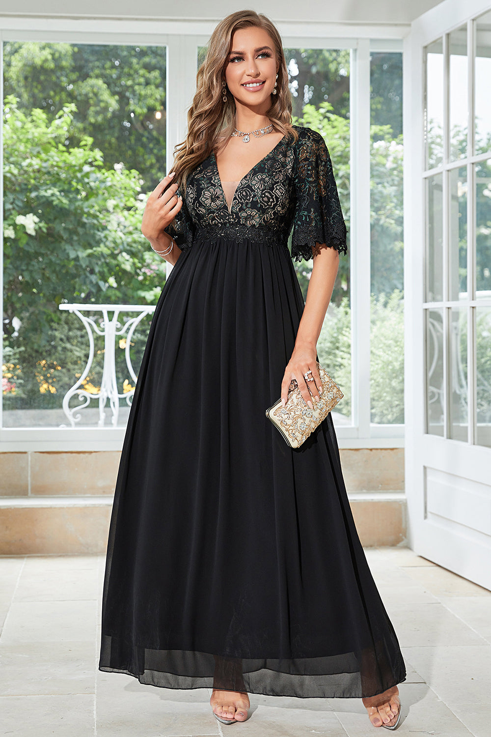 Temperament Black A Line V Neck Floor Length Chiffon Embroidered Evening Dress