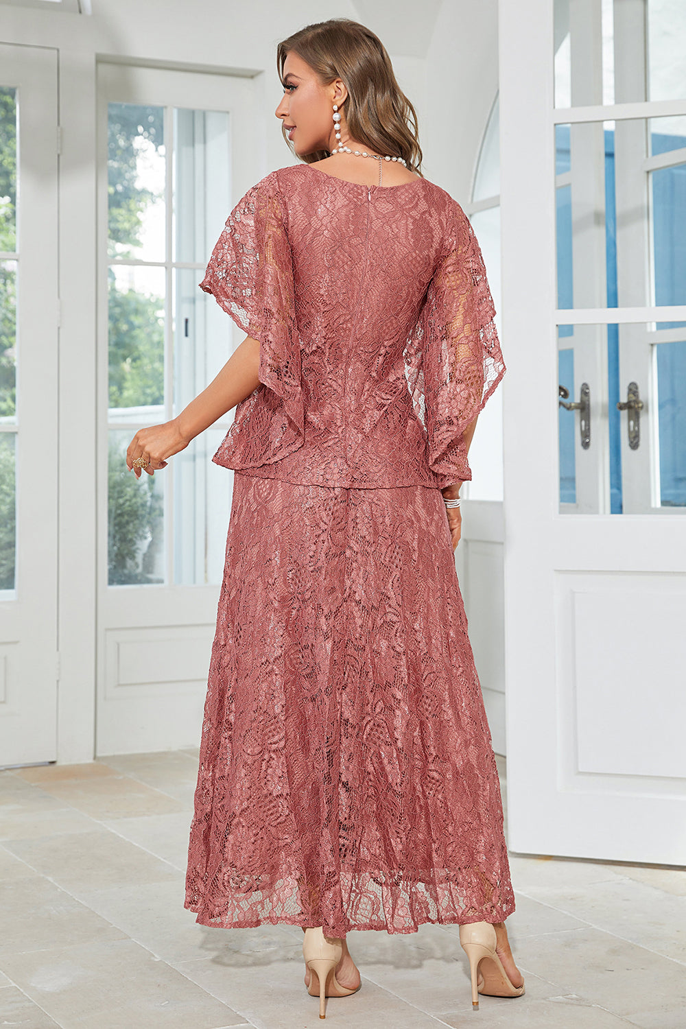 Elegant A Line Round Neck Floor Length Lace Dusty Rose Evening Dress