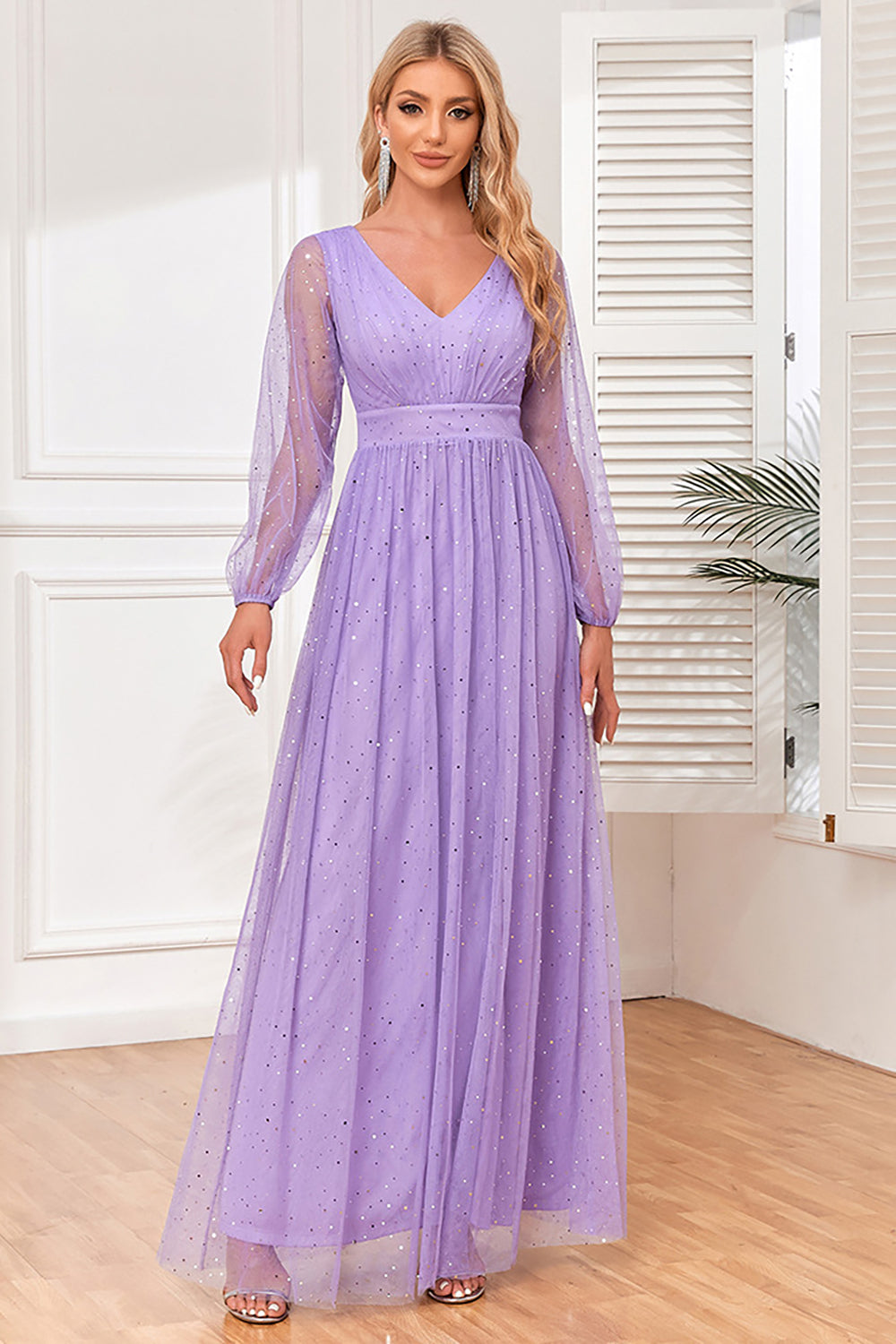 Lilac A-Line Long Sleeves Long Formal Dress with Slit