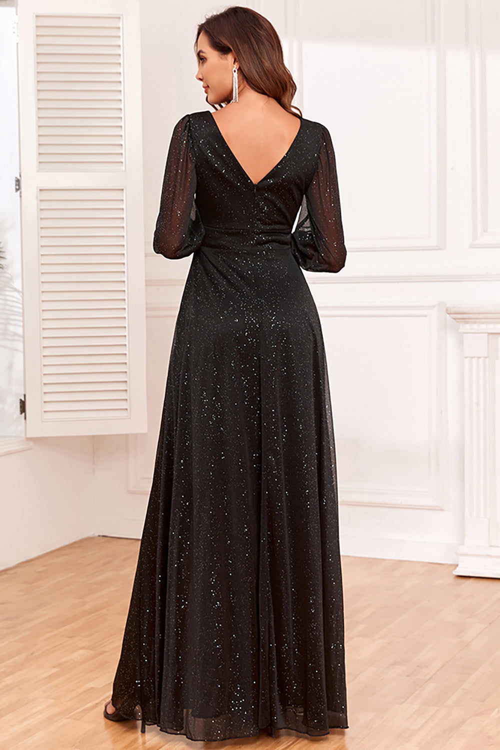 Black A Line V Neck Chiffon Evening Dress With Long Sleeves