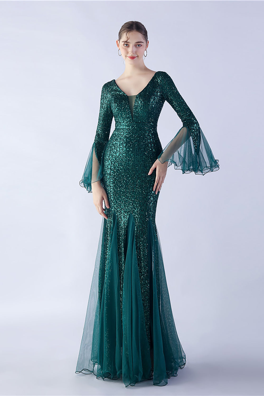 Dark Green Mermaid V-Neck SequinLong Sleeves Formal Dress