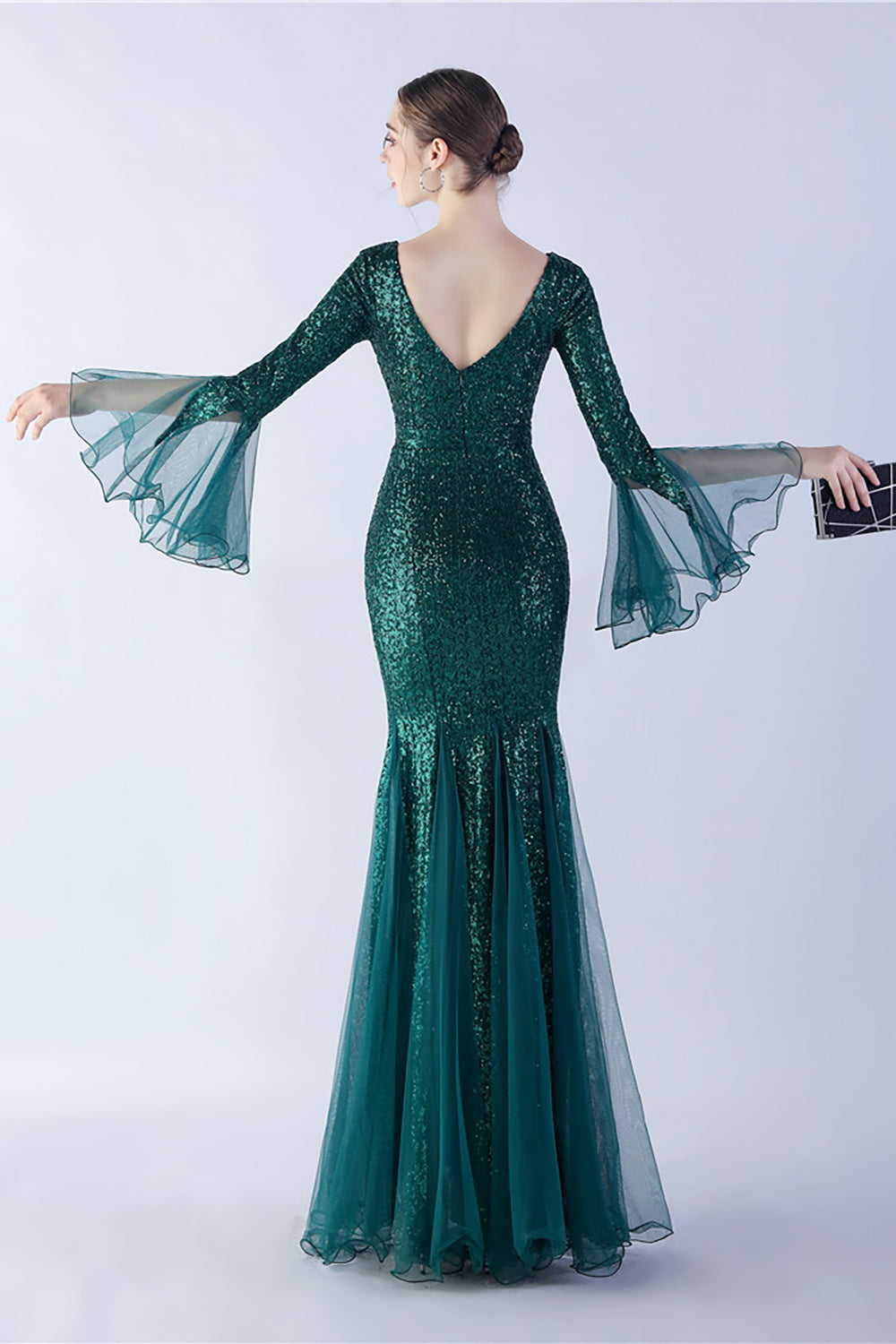 Dark Green Mermaid V-Neck SequinLong Sleeves Formal Dress