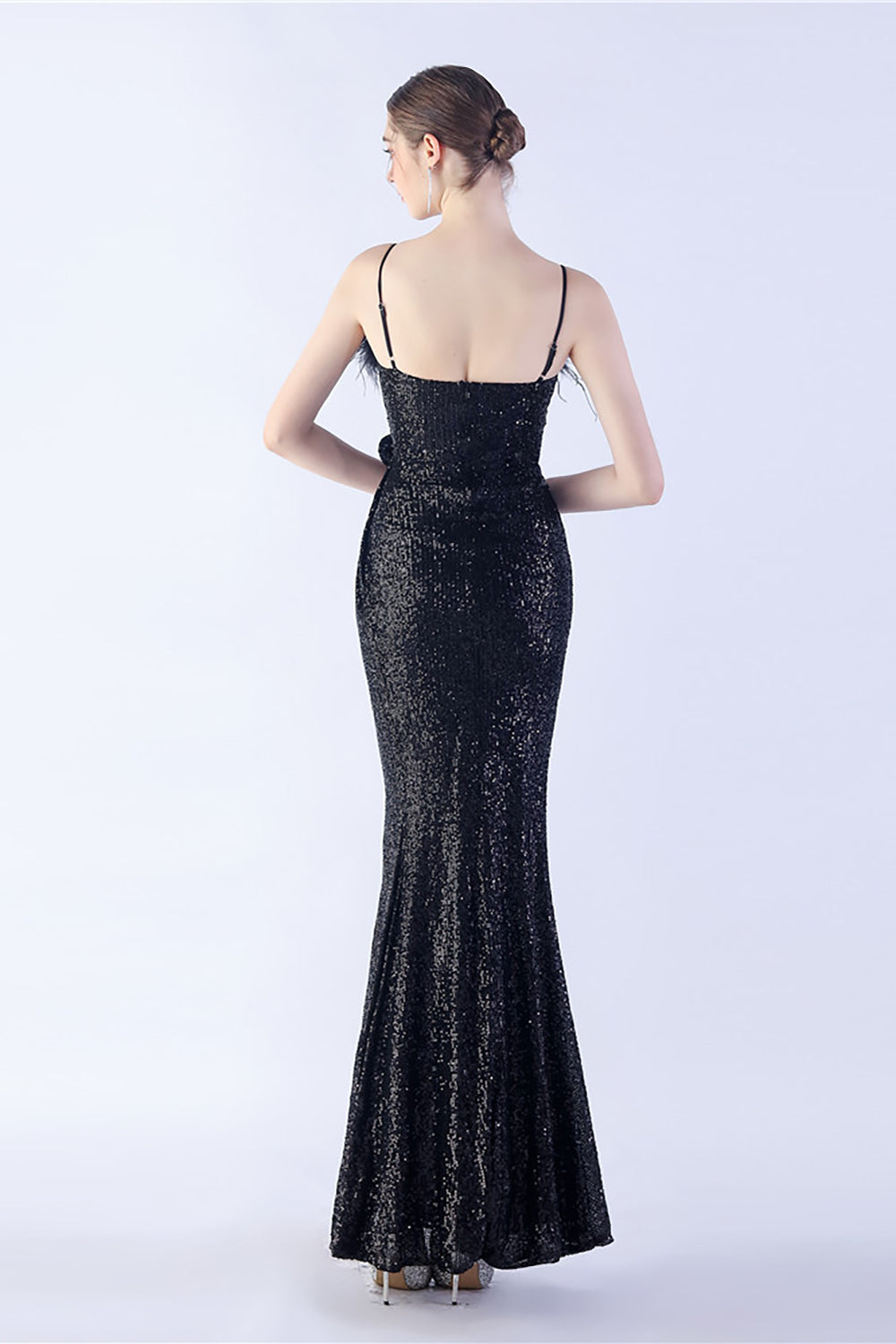 Black Sheath Spaghetti Straps Sequin Formal Dress with Feather