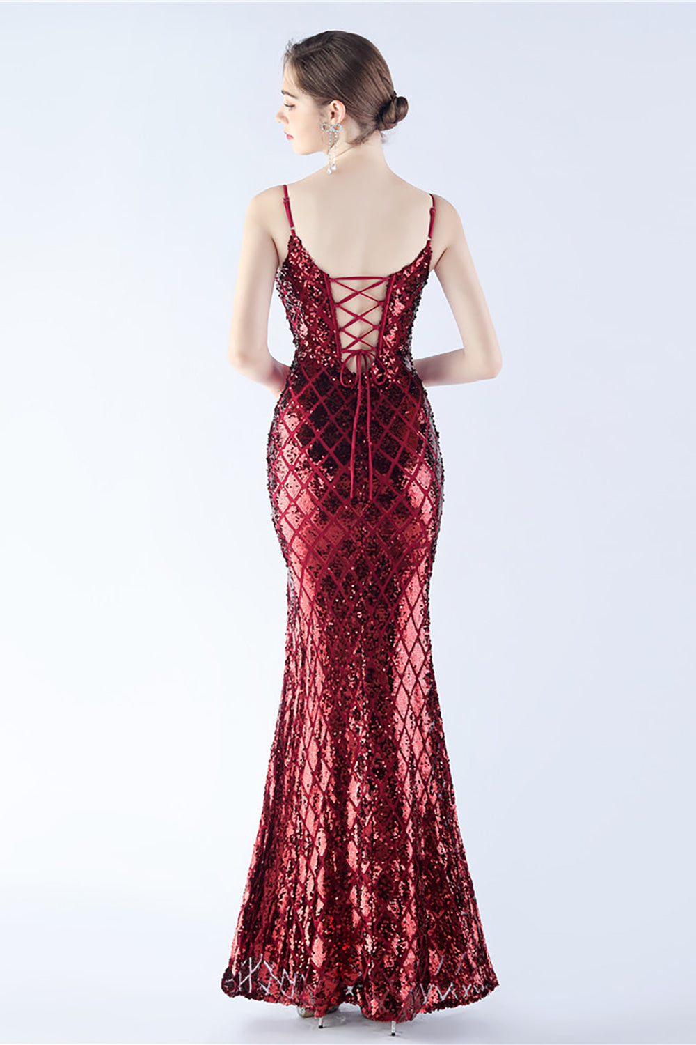 Burgundy Sheath Spaghetti Straps V-neck Sequin Formal Dress with Slit