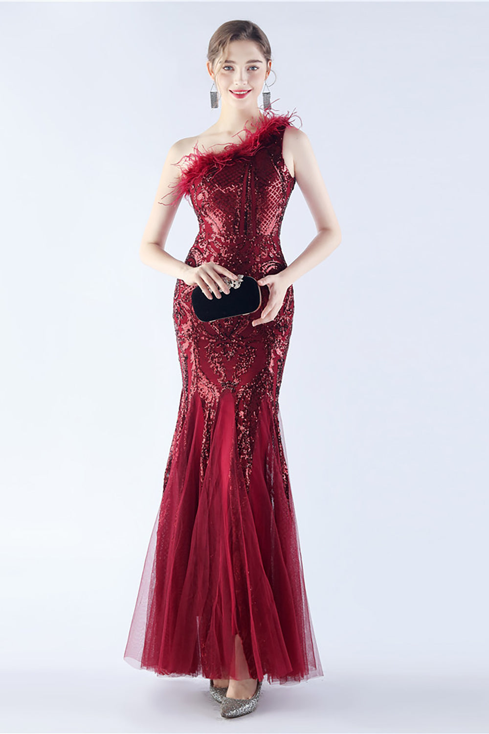 Burgundy One Shoulder Mermaid Mesh and Beaded Evening Dress With Feathers