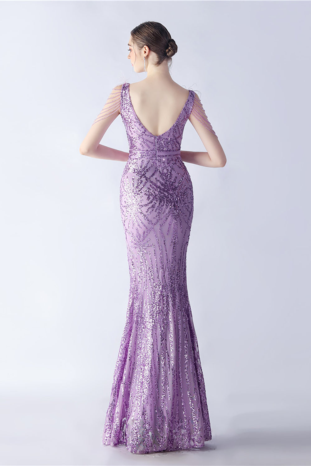 Lilac Mermaid V Neck Sequin and Beaded Feathers Evening Dress With Slit