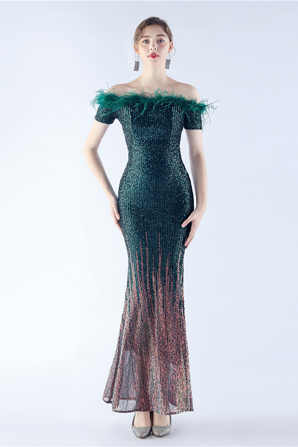 Dark Green Mermaid Off The Shoulder Sequin Formal Dress With Feather