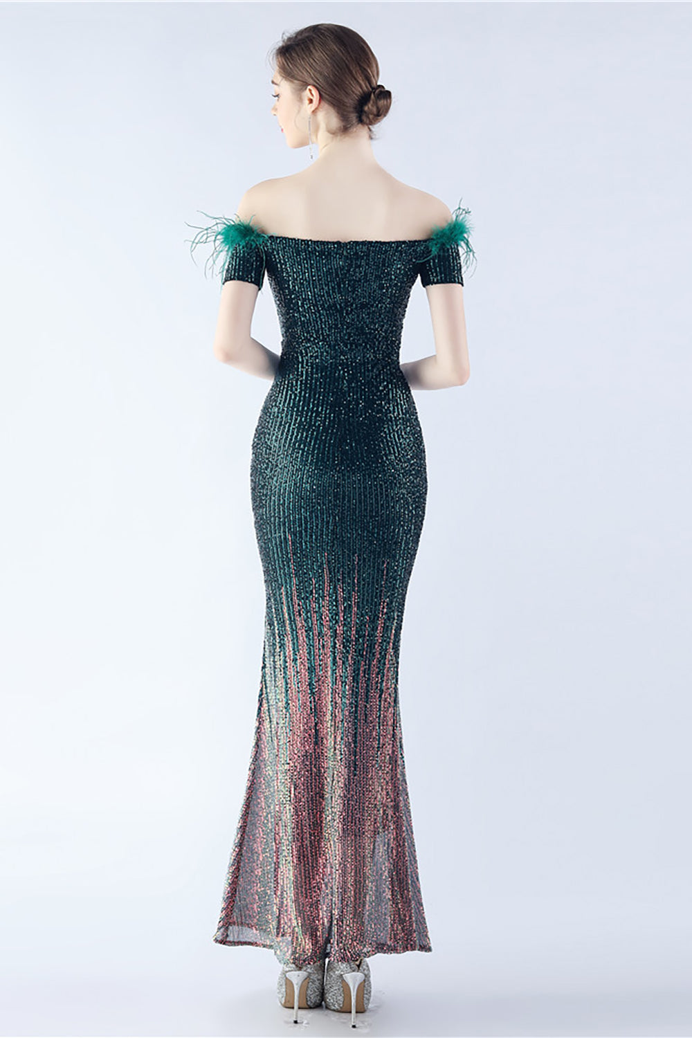 Dark Green Mermaid Off The Shoulder Sequin Formal Dress With Feather