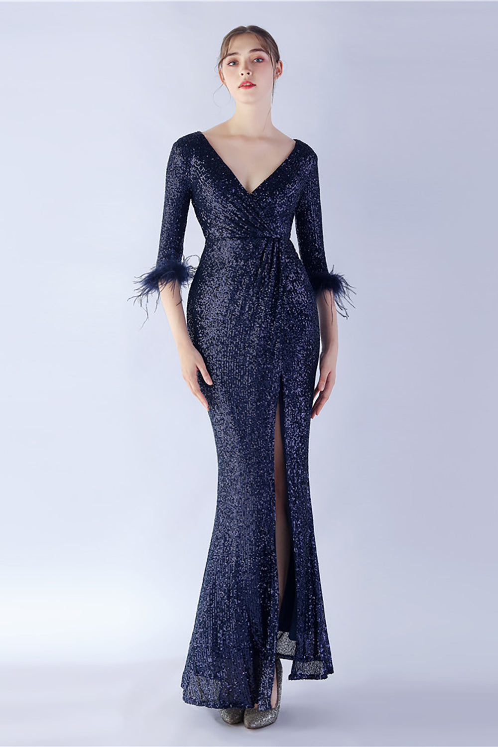 Navy Sheath Sequin V-Neck Half Sleeves Formal Dress with Feather