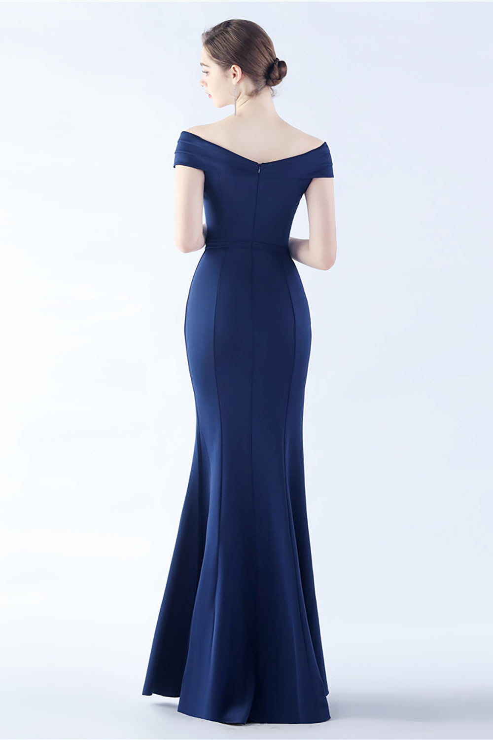 Navy Mermaid Off the Shoulder Crepe Formal Dress with Slit