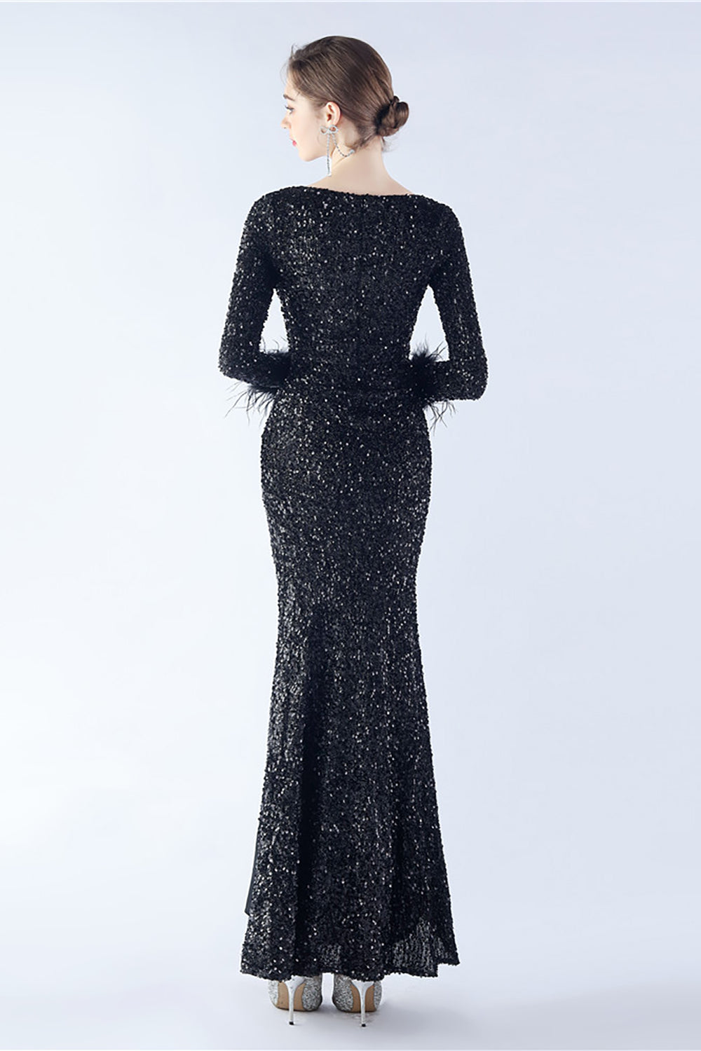 Black Mermaid Sequin Feather Long-Sleeve Evening Dress With Slit