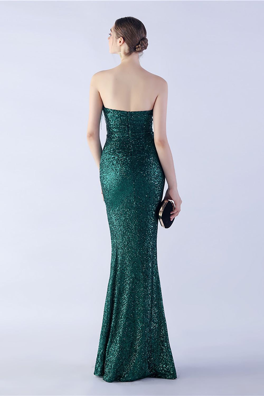 Glitter Dark Green Sheath Strapless Sequin Formal Dress with Feather