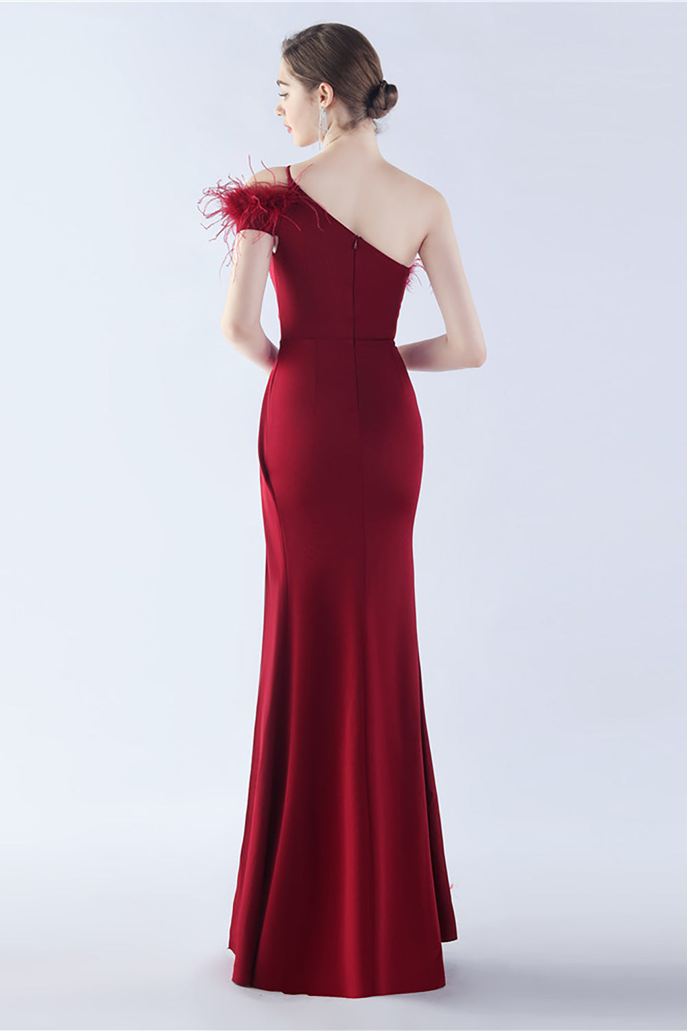 Burgundy Sheath One Shoulder Crepe Formal Dress with Feather