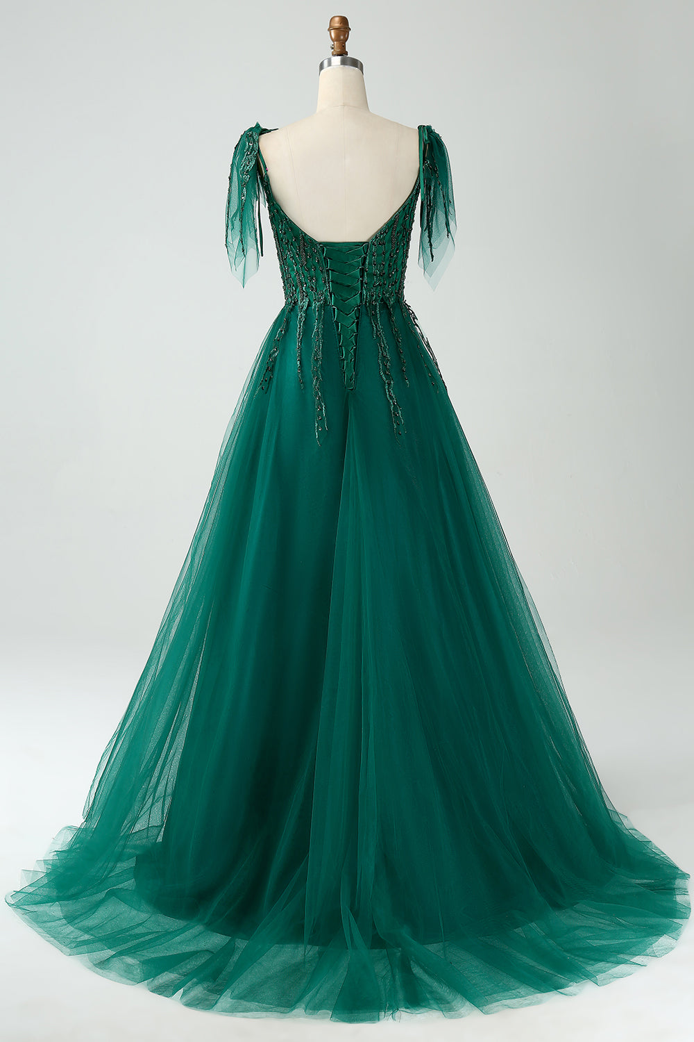 Dark Green A-Line Spaghetti Straps Long Prom Dress with Beading