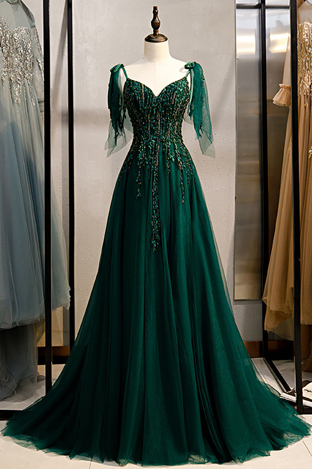 Dark Green A-Line Spaghetti Straps Prom Dress with Beading