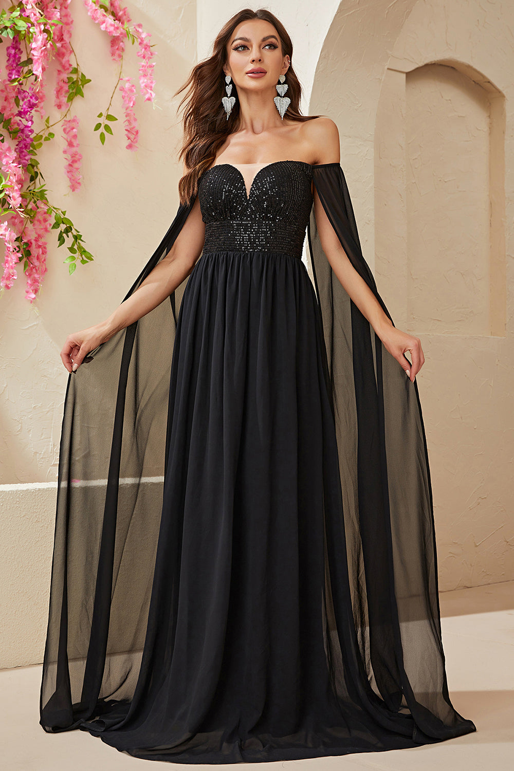 Black A-line Off The Shoulder Chiffon Long Prom Dress