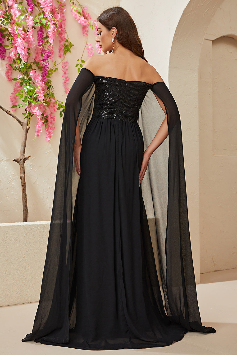 Black A-line Off The Shoulder Chiffon Long Prom Dress