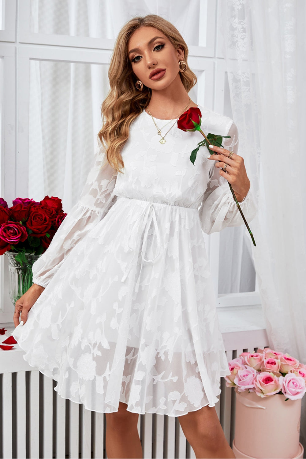 White A-Line Round Neck Graduation Dress With Long Sleeves