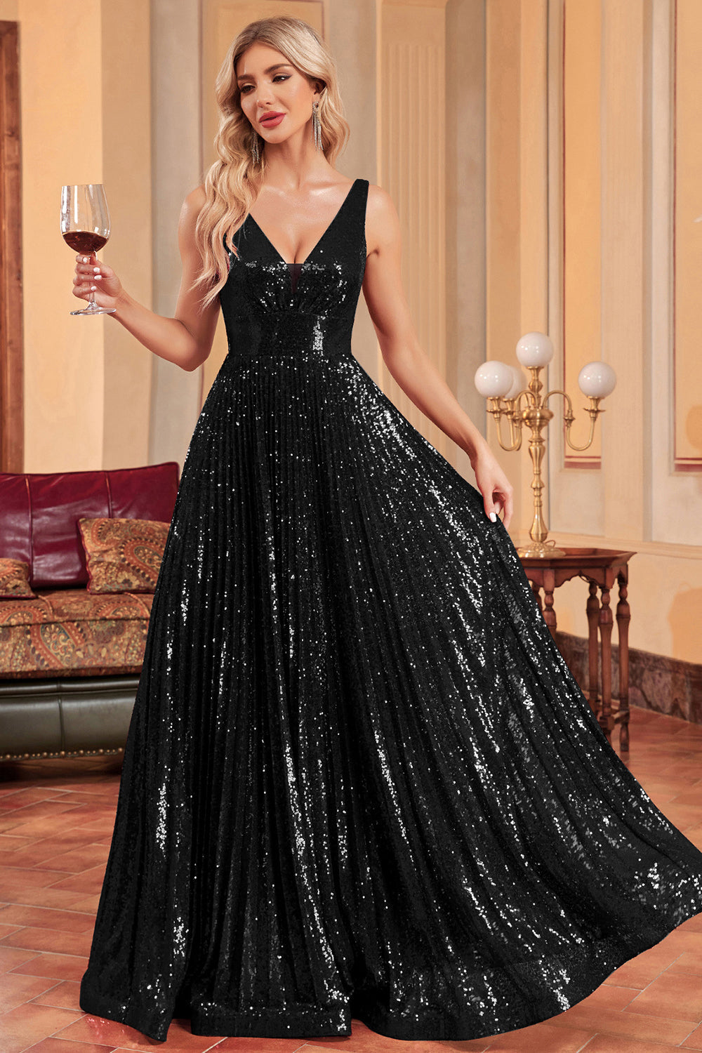 Sparkly Black A-Line Pleated Long Prom Dress with Sequins