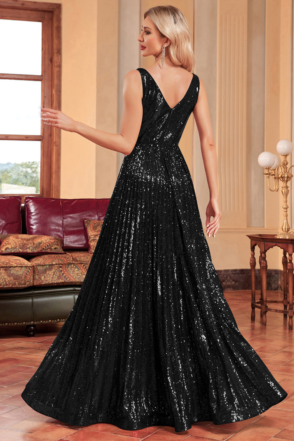 Sparkly Black A-Line Pleated Long Prom Dress with Sequins