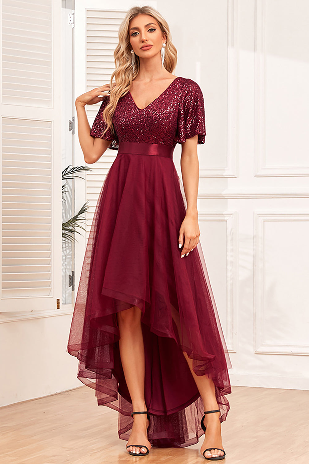 Burgundy A-Line V Neck High Low Prom Dress With Short Sleeves