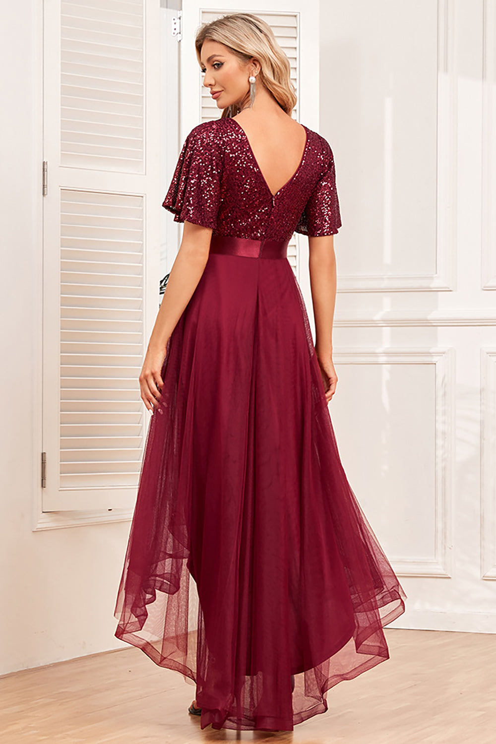 Burgundy A-Line V Neck High Low Prom Dress With Short Sleeves