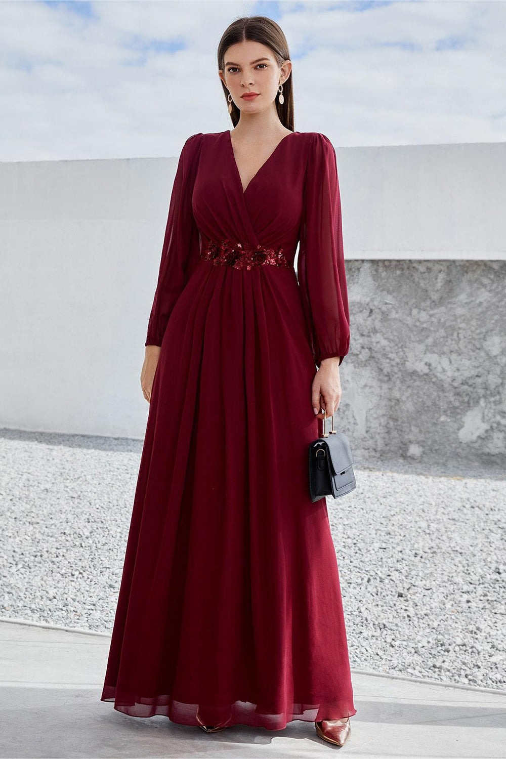 Burgundy A Line Long Sleeves Floor Length Wedding Party Dress