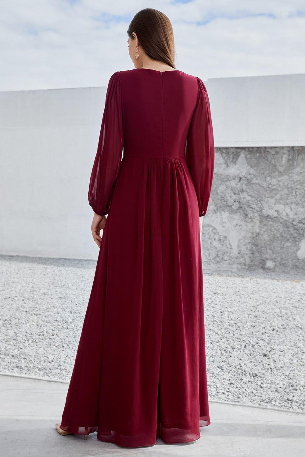 Burgundy A Line Long Sleeves Floor Length Wedding Party Dress