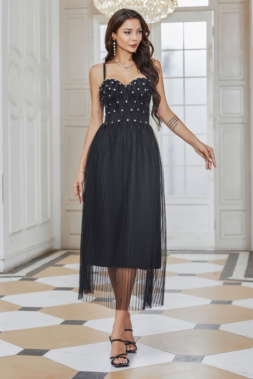 Sparkly Spaghetti Straps Pleated Tulle Little Black Dress with Fringes