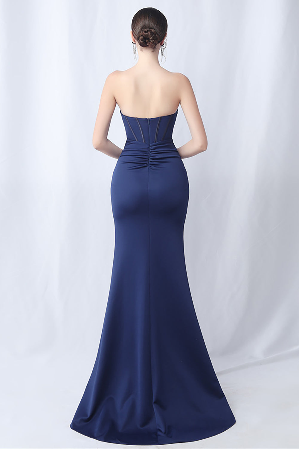 Navy Mermaid Sweetheart Long Corset Formal Dress with Slit