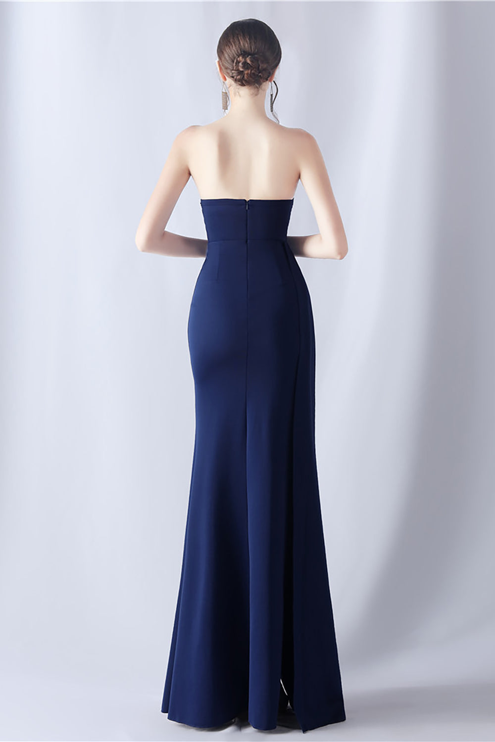 Navy Mermaid Strapless Long Corset Prom Dress with Slit