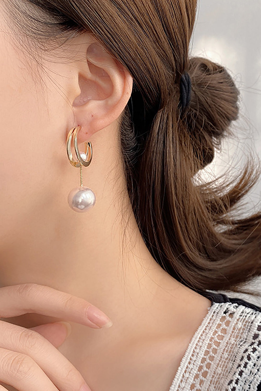 Golden Statement Delicate Pearl Sliding Stud Wedding Earrings