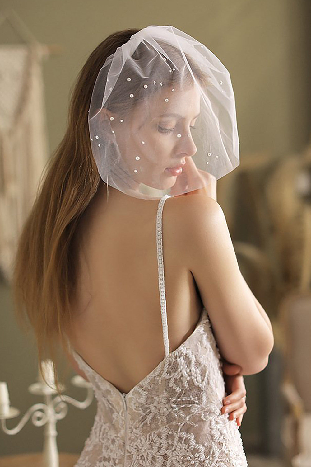 White Pearl Tulle Short Bridal Veil