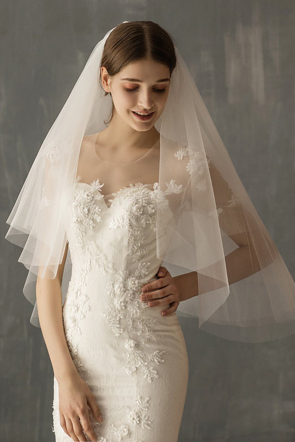 White Two-Tier Cut Out Elbow Bridal Veil