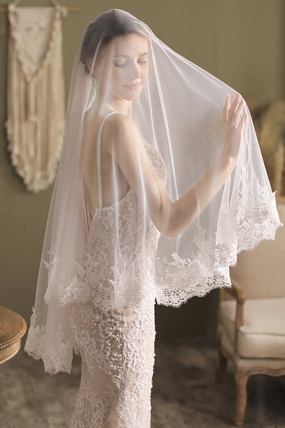 White Tulle Two-Tier Comb Fingertip Bridal Veil with Lace