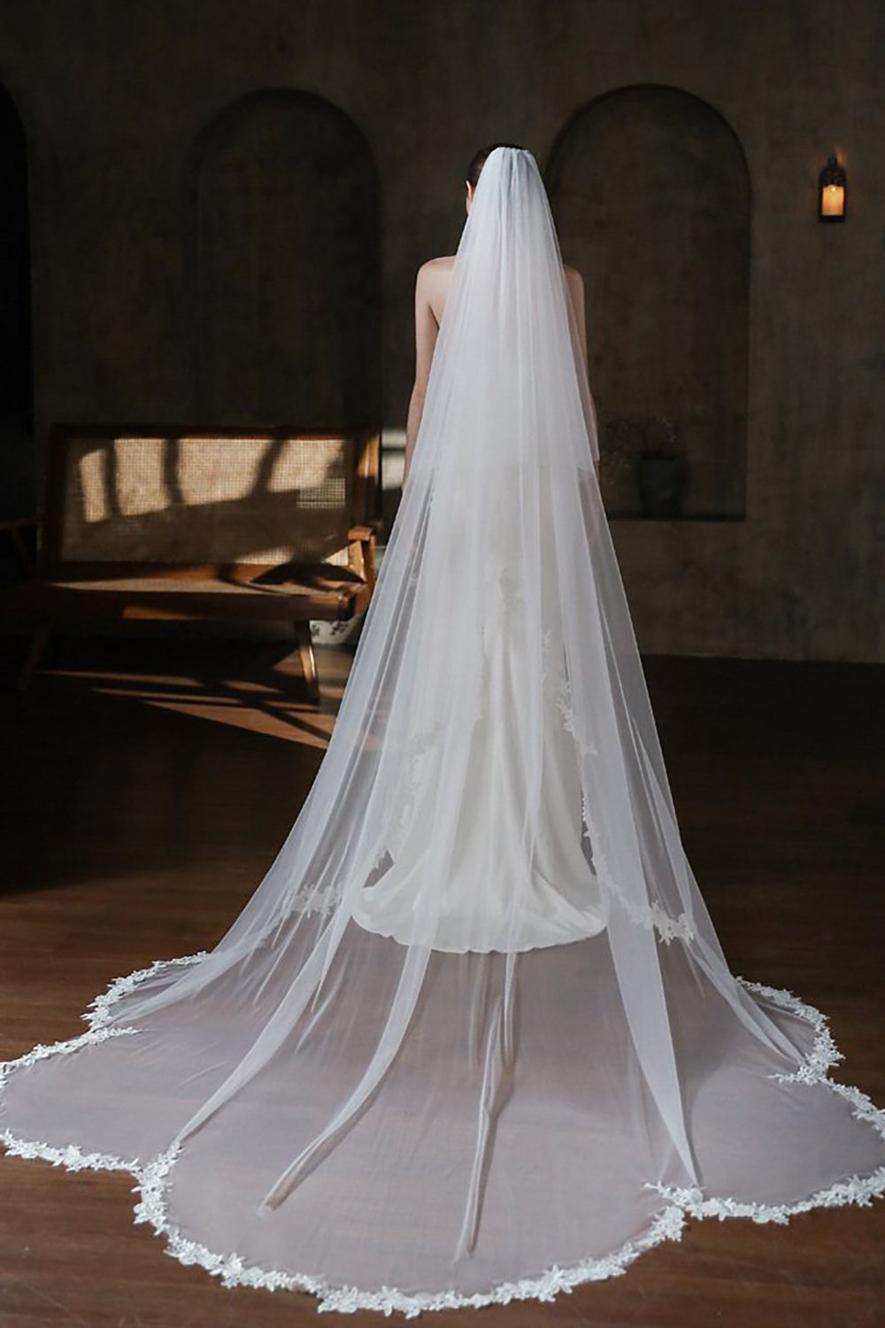 White Long Tulle Two-Tier Cathedral Wedding Veil With Lace