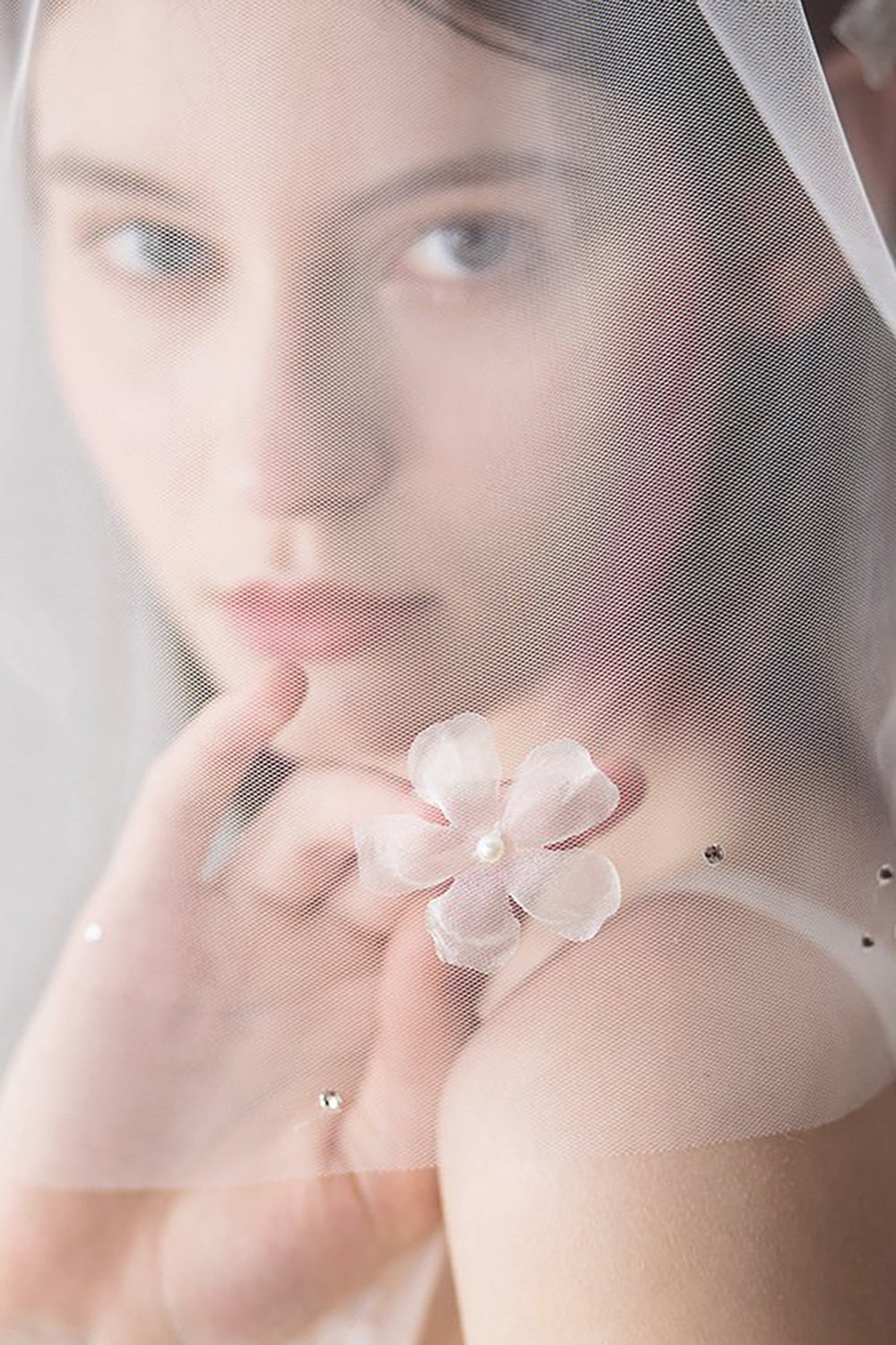 White Tulle Bridal Veil With Beadings and Flowers