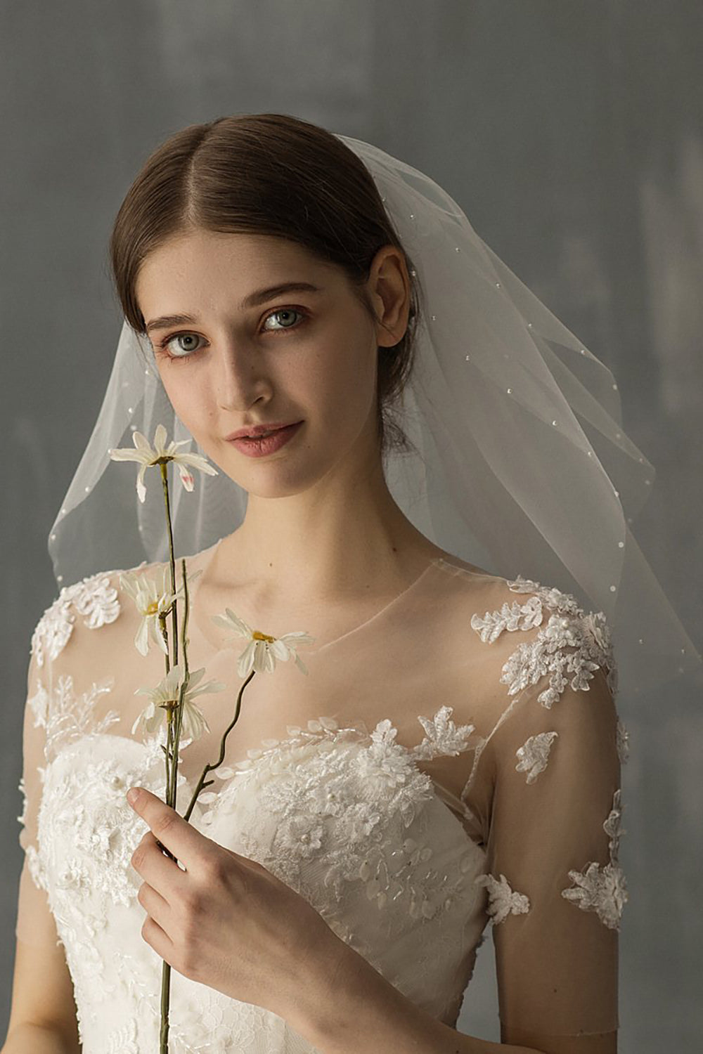 White Two-Tier Tulle Shoulder Bridal Veil With Beadings