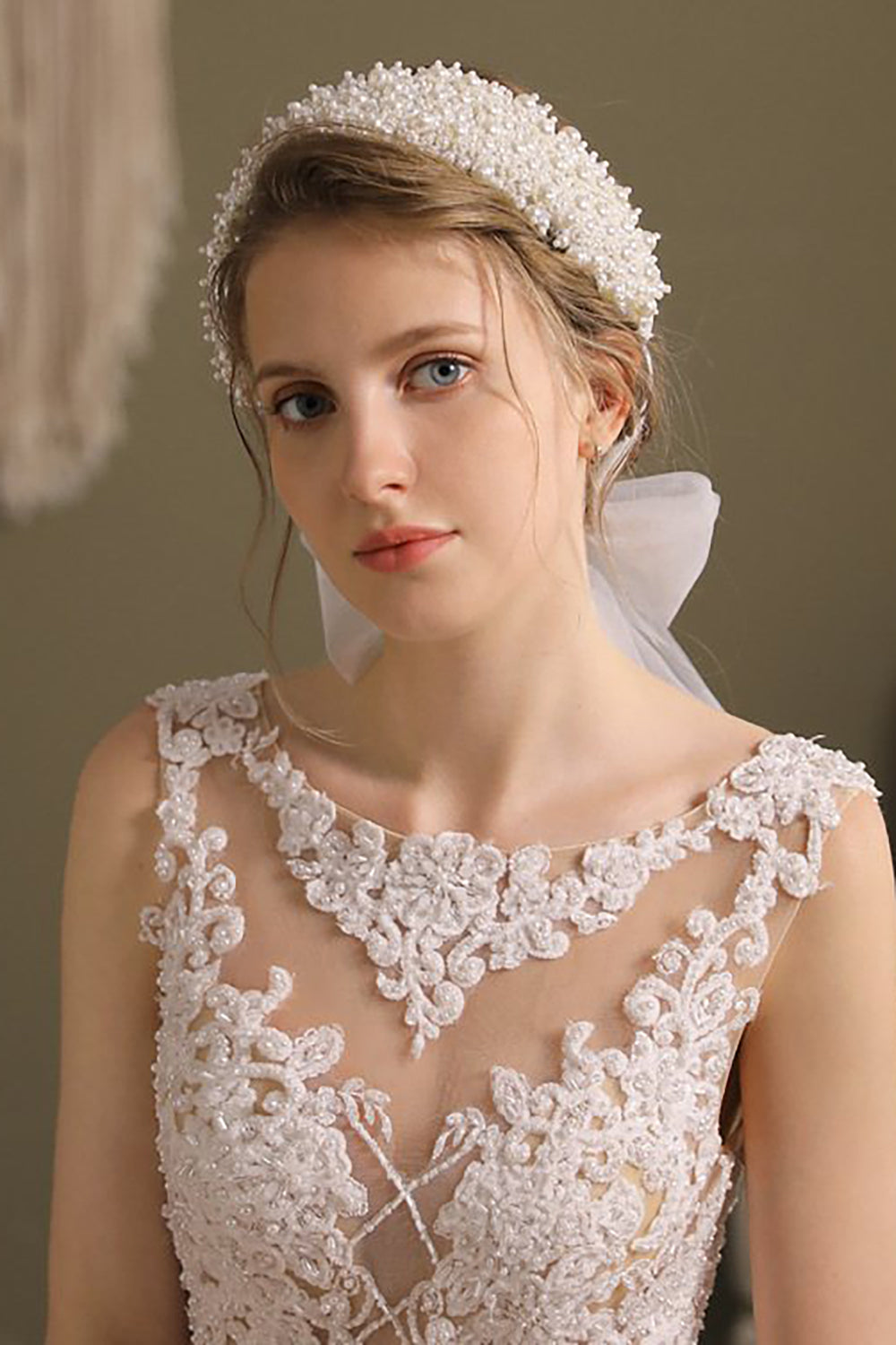 White Bridal Headband With Faux Pearl