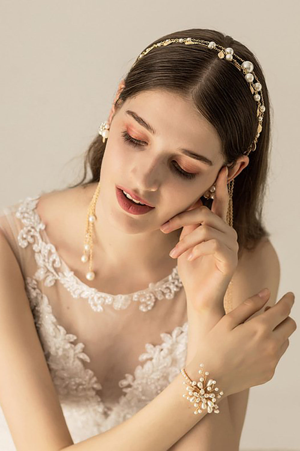 Golden Bridal Pearl Tassel Headband