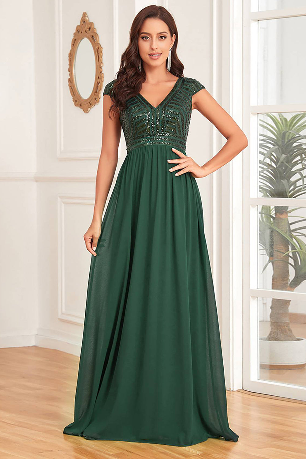 Glitter A Line V-Neck Dark Green Formal Dress with Sequins