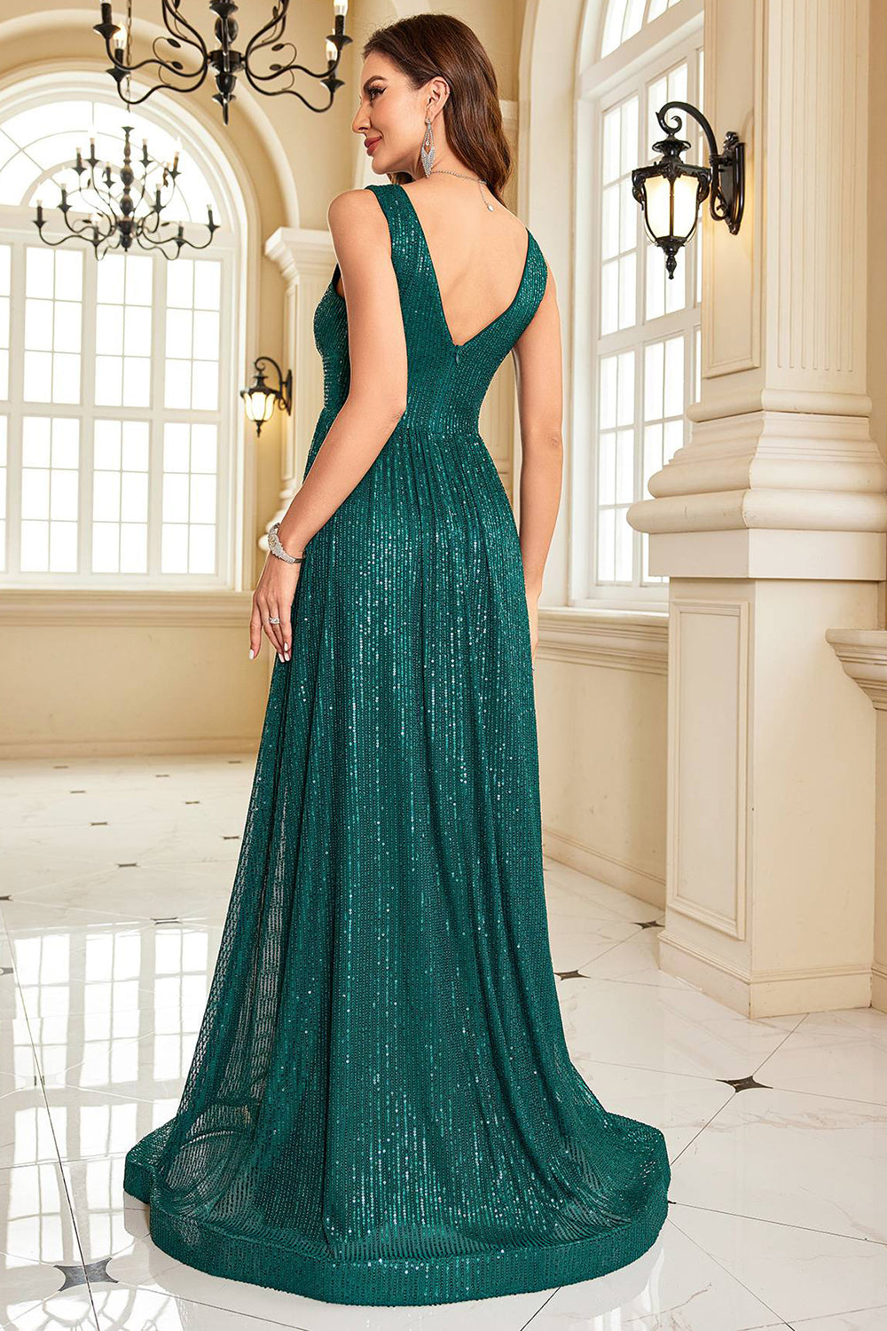 Sparkly Dark Green A Line V-Neck Sequins Long Formal Dress