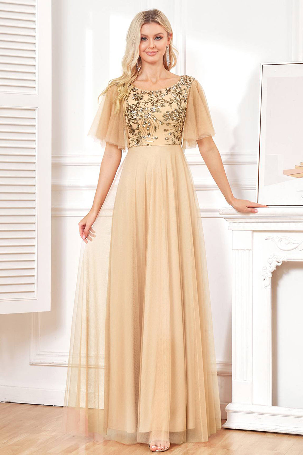 Sparkly Champagne A Line Sequins Tulle Floor-Length Dress with Bat Sleeves